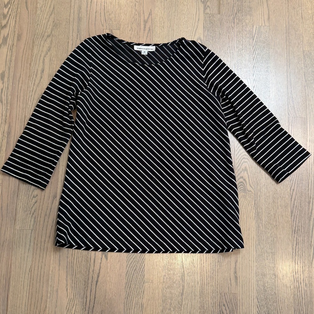 Caroline Rose Black & White Bias Stripe Knit 3/4 Sleeve Tunic Top Size Medium